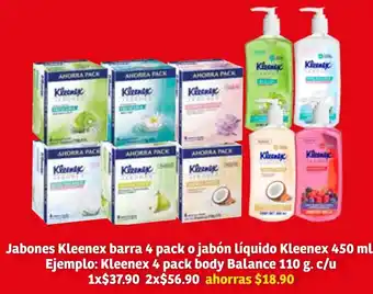 Soriana Súper Jabones Kleenex Barra 4 Pack o Jabón Líquido Kleenex 450ml oferta