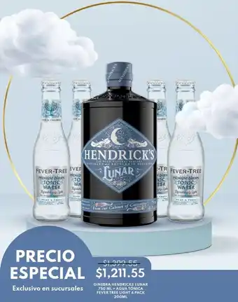 La Europea GINEBRA HENDRICKS LUNAR 750 ML + AGUA TÓNICA FEVER TREE LIGHT 4 PACK 200ML oferta