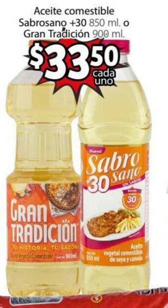 Soriana Express Aceite Comestible Sabrosano +30 850ml o Gran Tradición 900ml oferta