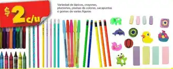 Variedad de lápices, crayones, plumones, plumas de colores, sacapuntas o gomas de varias figuras
