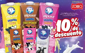 Leche Alpura vainilla, chocolate, fresa 12-1 It, vainilla, fresa, chocolate y natural tetra 24-200 ml.