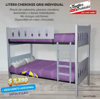 LITERA CHEROKEE GRIS INDIVIDUAL Precio de cabecera, piecera, escalera, barandal y 2 bases individuales. No incluye colchones.