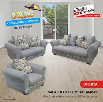 Muebles Troncoso SALA JULLIETTE METAL AMBAR Precio de sofá y love seat. Sillón opcional. oferta