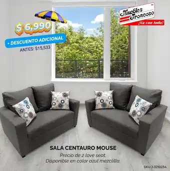 SALA CENTAURO MOUSE Precio de 2 love seat. Disponible en color azul mezclilla.