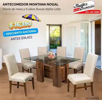 Muebles Troncoso ANTECOMEDOR MONTANA NOGAL Precio de mesa y 6 sillas Russel Alpha Latte oferta