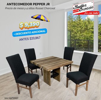 Muebles Troncoso ANTECOMEDOR PEPPER JR Precio de mesa y 4 sillas Russel Charcoal oferta