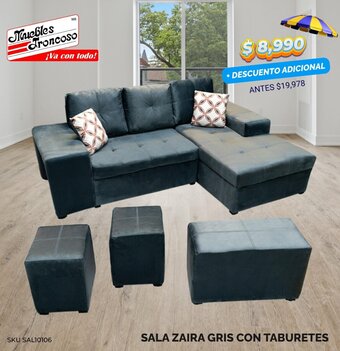 SALA ZAIRA GRIS CON TABURETES