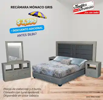 Muebles Troncoso RECÁMARA MÓNACO GRIS Precio de cabecera y 2 burós. Cómoda con luna opcional. Disponible en color tabaco. oferta