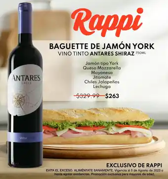 Rappi BAGUETTE DE JAMÓN YORK VINO TINTO ANTARES SHIRAZ 750ML