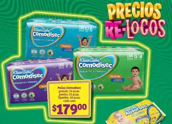 Soriana Híper Pañal Comodisec grande, 54 pzas. jumbo, 52 pzas. Xjumbo, 50 pzas. cada uno oferta