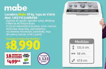 Soriana Híper Lavadora Mabe 19 kg. tapa de Vidrio Mod. LMX79114WBABO oferta