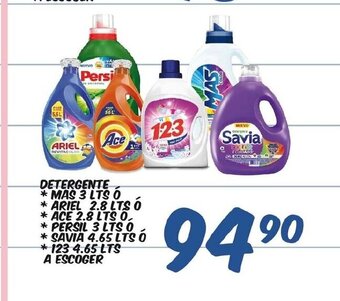 Alsuper Detergente *Mas 3LTS *Ariel 2.8LTS *Ace 2.8LTS *Persil 3LTS *Savia 4.65Lts *123 4.65Lts A Escoger oferta