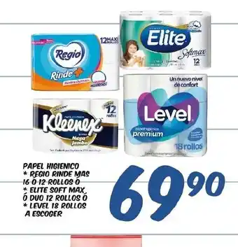 Alsuper Papel Higienico *Regio Rinde Mas 16 o 12 Rollos o *Elite Soft Max o Duo 12 Rollos o *Level 18 Rollos A Escoger oferta