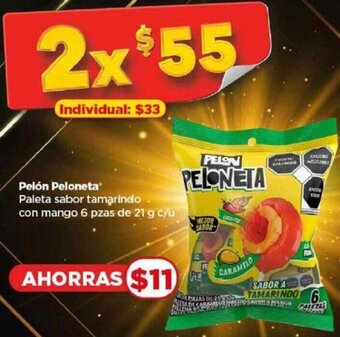 Pelón Peloneta Paleta sabor tamarindo con mango 6 pzas de 21 g c/u