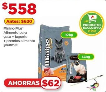 Minino Plus ALimento para gato+juguete + premios alimento gourmet 10kg