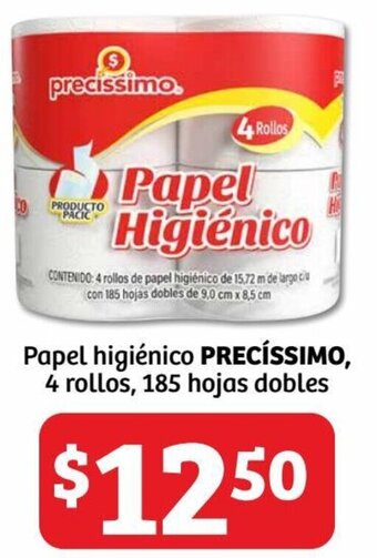 Soriana Híper Papel higiénico PRECÍSSIMO, 4 rollos, 185 hojas dobles oferta