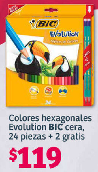 Soriana Híper Colores hexagonales Evolution BIC cera, 24 piezas + 2 gratis oferta