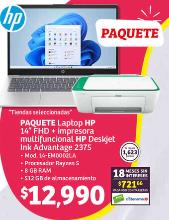 Soriana Híper PAQUETE Laptop HP 14" FHD + impresora multifuncional HP Deskjet Ink Advantage 2375 oferta
