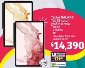 Soriana Híper Tablet GALAXY Tab S8 color grafito o rosa oferta