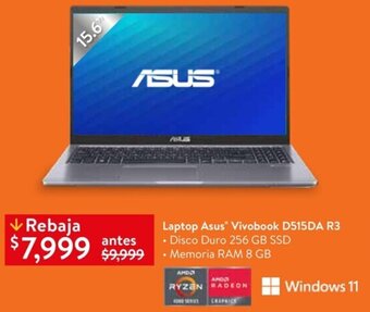 Walmart Laptop Asus Vivobook D515DA R3 • Disco Duro 256 GB SSD oferta