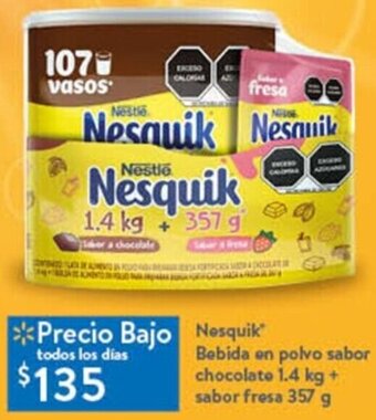 Walmart Nesquik Bebida en polvo sabor chocolate 1.4 kg + sabor fresa 357 g oferta