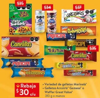 Walmart . Variedad de galletas Marinela . Galletas Arcoíris Gamesa" o Waffer Great Value* 310 g o menos oferta
