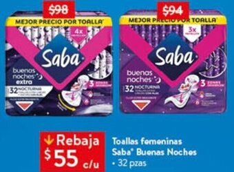 Walmart Toallas femeninas $55 c/u 32 pzas oferta