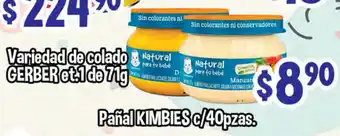 Variedad de Colado Gerber et.1 de 71g/ Pañal Kimbies c/ 40pzas