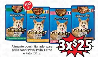 Alimento Pouch Ganador para Perro Sabor Pavo, Pollo, Cerdo o Pato 100g