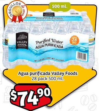 Soriana Mercado Agua purificada Valley Foods 28 pack 500 ml. oferta