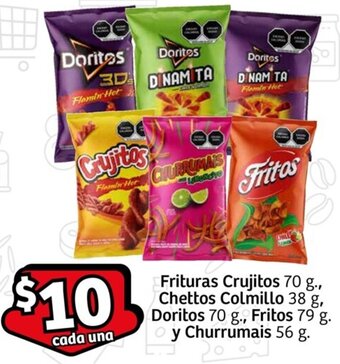 Soriana Mercado Frituras Crujitos 70 g., Chettos Colmillo 38 g, Doritos 70 g., Fritos 79 g. Oy Churrumais 56 g. oferta