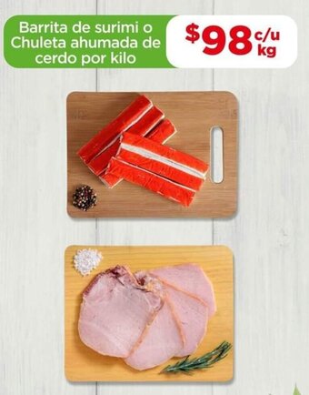 Bodega Aurrerá Barrita de surimi o Chuleta ahumada de cerdo por kilo oferta