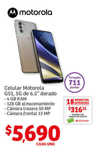 Soriana Híper Celular Motorola G51, 5G de 6.5” dorado oferta