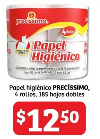 Soriana Híper Papel higiénico PRECÍSSIMO, 4 rollos, 185 hojas dobles oferta