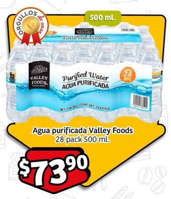 Agua purificada Valley Foods 28 pack 500 ml.