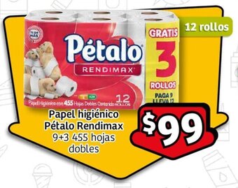 Soriana Mercado Papel higiénico Pétalo Rendimax 9+3 455 hojas dobles oferta