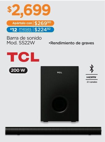 Chedraui Barra de sonido tcl 2.1 canales 200 w bluetooth 5.1 s522w oferta
