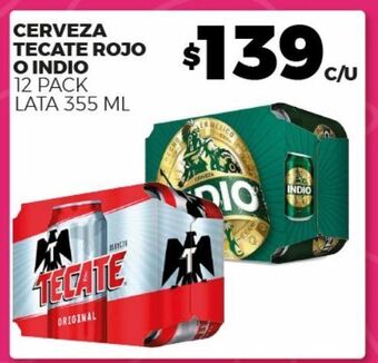 Merco Cerveza tecate rojo o indio 12 pack lata 355ml oferta