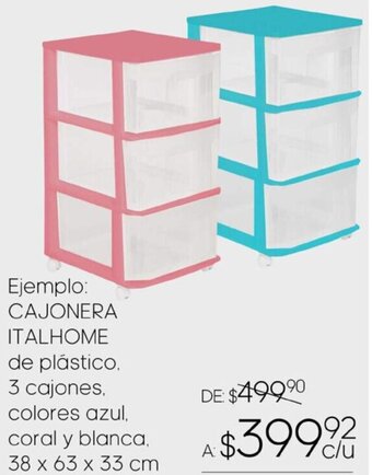 CAJONERA ITALHOME de plástico 3 cajones. colores azul, coral y blanca, 38 x 63 x 33 cm