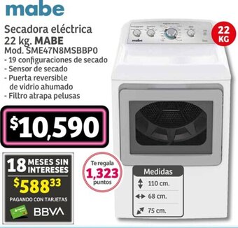 Soriana Híper mabe Secadora eléctrica 22 kg oferta