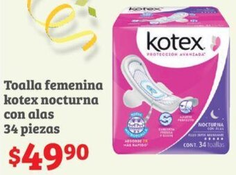 Toalla femenina kotex nocturna con alas 34 piezas
