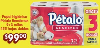 Soriana Híper Papel higiénico Pétalo Rendimax 9+3 rollos 455 hojas dobles oferta