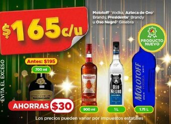 Bodega Aurrerá Molotoff Vodka Azteca de Oro Brandy, Presidente Brandy u Oso Negro Ginebra oferta