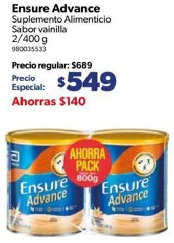 Sam's Club Ensure Advance Suplemento Alimenticio Sabor vainilla 2/400g oferta