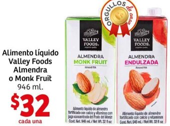 Soriana Mercado Alimento Líquido Valley Foods Almendra o Monk Fruit 946 ml oferta