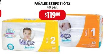 Farmacias Guadalajara PAÑALES BBTIPS T1 Ó T2 40 pzs oferta
