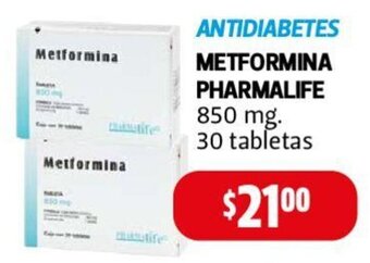 Farmacias Guadalajara METFORMINA ANTIDIABETES PHARMALIFE 850 mg. 30 tabletas oferta