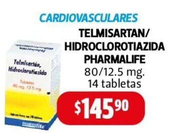 Farmacias Guadalajara TELMISARTAN/ HIDROCLOROTIAZIDA PHARMALIFE 80/12.5 mg. 14 tabletas oferta