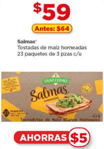 Bodega Aurrerá Salmas Tostadas de maíz horneadas 23 paquetes de 3 pzas c/u oferta