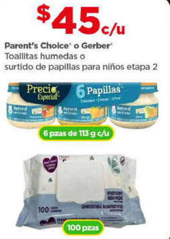 Bodega Aurrerá Parent's Choice' o Gerber Toallitas humedas o surtido de papillas para niños etapa 2 oferta